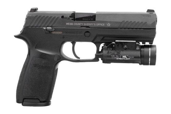 Striker-fired 9mm handgun with Streamlight weapon light, black.